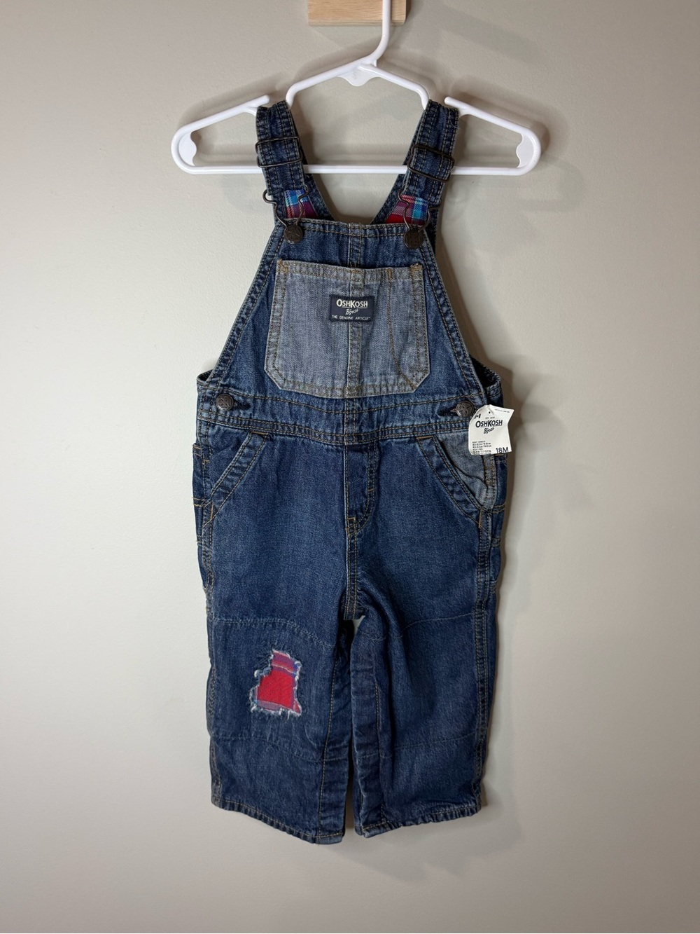 NWT OshKosh B'gosh Kids' Dark Blue Denim Overalls with Red Plaid 18 mos.